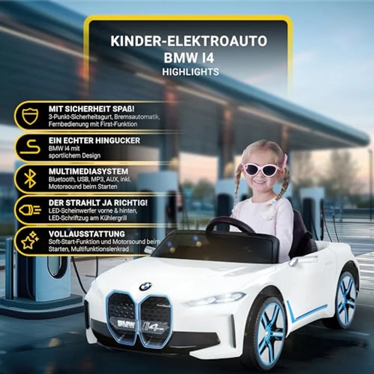 Actionbikes Motors Kinder Elektroauto BMW i4 Weiß | 2,4 Ghz Fernbedienung, LED-Scheinwerfer, Bluetooth, MP3, USB, Soft-Start-Funktion – Bild 2
