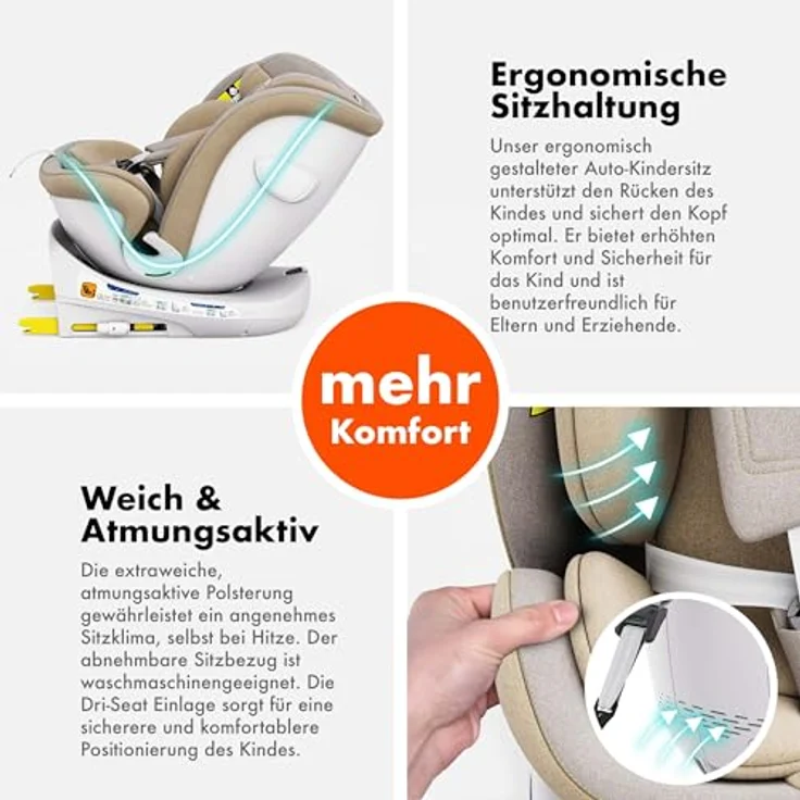 Daliya® Autokindersitz ROTAZIONE Kindersitz, Autositz, Babyschale Beige, 360°-Rotation, 8-stufige Sitzneigungsverstellung, höhenverstellbare Kopfstütze – Bild 5