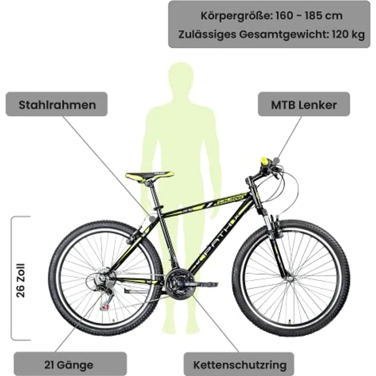 Galano Mountainbike Hardtail 26 Zoll Path MTB Fahrrad 21 Gang Mountain Bike 26" (schwarz/grün, 46 cm) – Bild 2