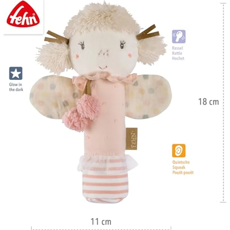 Fehn Greifling feehnLAND, Stabgreifling Fee mit Quietsche und Rassel, Glow-in-the-dark Bestickung, für Babys ab 0+ Monaten – Bild 4