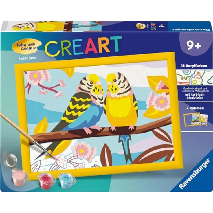 Ravensburger Malen nach Zahlen CreArt, Bunte Wellensittiche, 15 Acrylfarben, Made in Europe – Bild 2