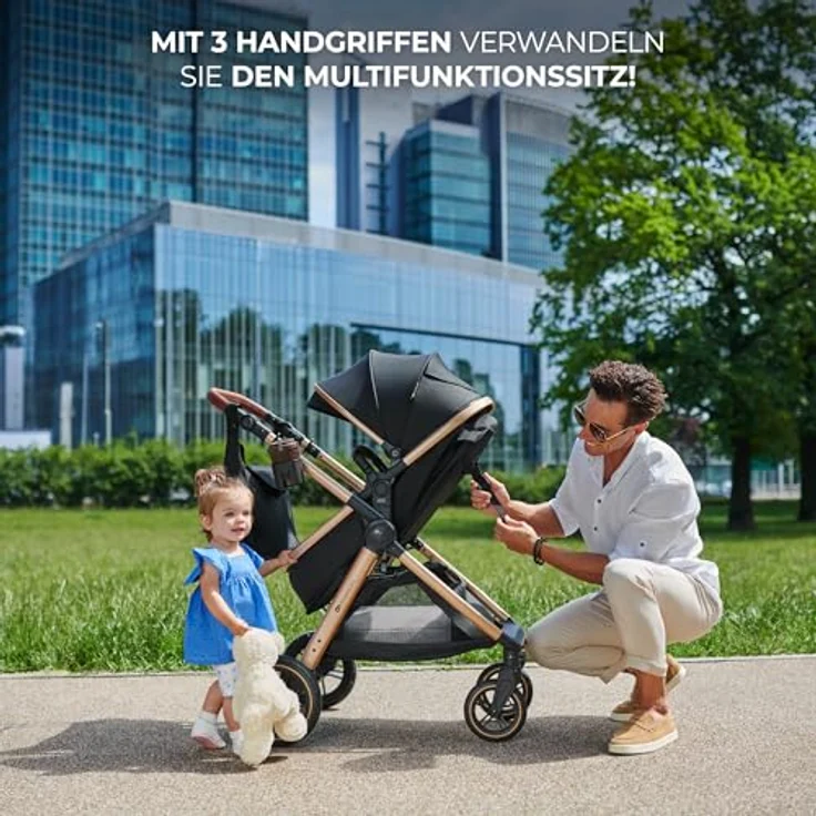 Kinderkraft ESME 2-in-1 Kinderwagen, Babywanne & Sportsitz bis 25 kg, Travel System mit Adaptern, große gefederte TPE-Räder, kompakt faltbar, Grau – Bild 3