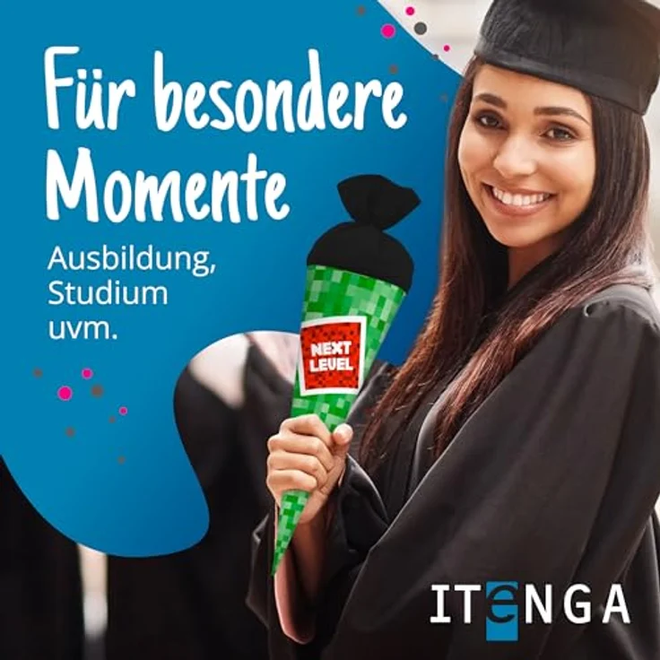 itenga Geschwisterschultüte 35 cm Motiv Pixel, runde Geschenkverpackung mit Filzverschluss für Schulen und Ausbildungen, für Gamer und Schüler – Bild 4