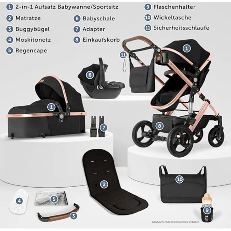 Bergsteiger Nizza 3 in 1 Kinderwagen, Kombikinderwagen Komplettset, Auto-Babyschale, Babywanne & Buggy Sportsitz inklusive, Isofix Station optional in grau – Bild 3
