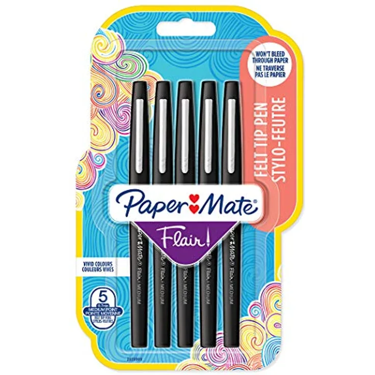 PAPER MATE Flair Filzstifte | mittlere Spitze (0,7 mm) | Schwarz | 5 Stück