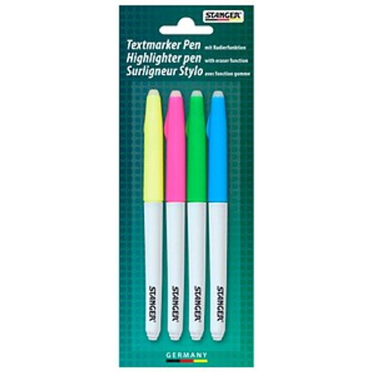 STANGER Eraser Textmarker, 4er Set in Gelb, Pink, Grün und Blau, radierbar mit Rundspitze 1,0 - 5,0 mm