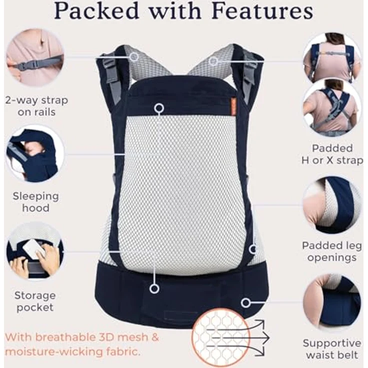 Beco Kindertrage mit extra breitem Sitz - Kindertragerucksack aus 100% Polyester 3D Mesh - 3 Tragepositionen - Kindertrage Bauch/Kindertrage Rücken - Kindertrage Wandern - 9-27kg ((Marineblau) – Bild 4