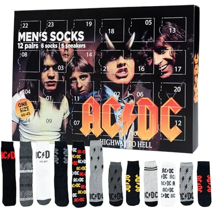 United Labels AC/DC Adventskalender mit 12 Paar Socken Größe 40-45 für Herren Rockband Weihnachtskalender mit Sneakers und langen Socken