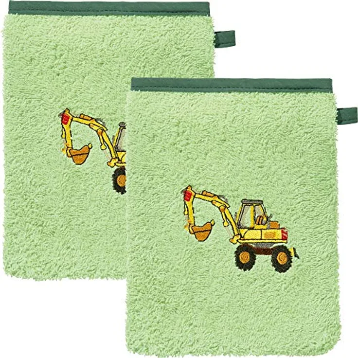 Erwin Müller Kinder-Waschhandschuh, Waschlappen 2er-Pack Traktor, Bagger grün Größe 15x21 cm - 100% Baumwolle, mit hochwertigem Stickmotiv