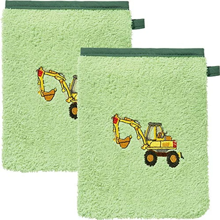 Erwin Müller Kinder-Waschhandschuh, Waschlappen 2er-Pack Traktor, Bagger grün Größe 15x21 cm - 100% Baumwolle, mit hochwertigem Stickmotiv – Bild 1