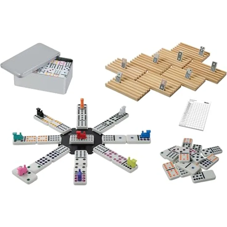 Philos 3630 - Domino Mexican Train, Legespiel für 2-8 Spieler mit 91 Urea Domino Steinen und Holzspielsteinhaltern