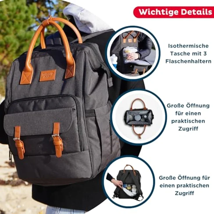 Thermobaby ESCAPADE Wickeltasche, Baby-Wickelrucksack mit Wickelauflage, isothermischen Taschen und 6 Innentaschen, dunkelgrau – Bild 4