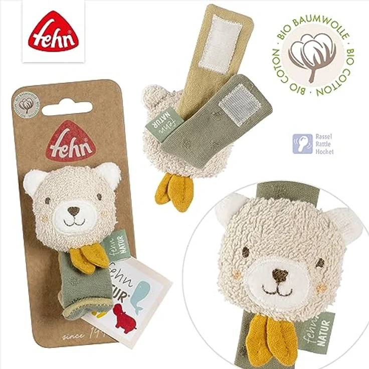 Fehn Rasselarmband Bär fehnNATUR – Activity-Armband mit Rassel und Bio-Baumwolle (kbA) zum Greifen, Bewegen & Geräusche erzeugen – Lernspielzeug für Babys und Kleinkinder ab 0+ Monaten – Bild 4