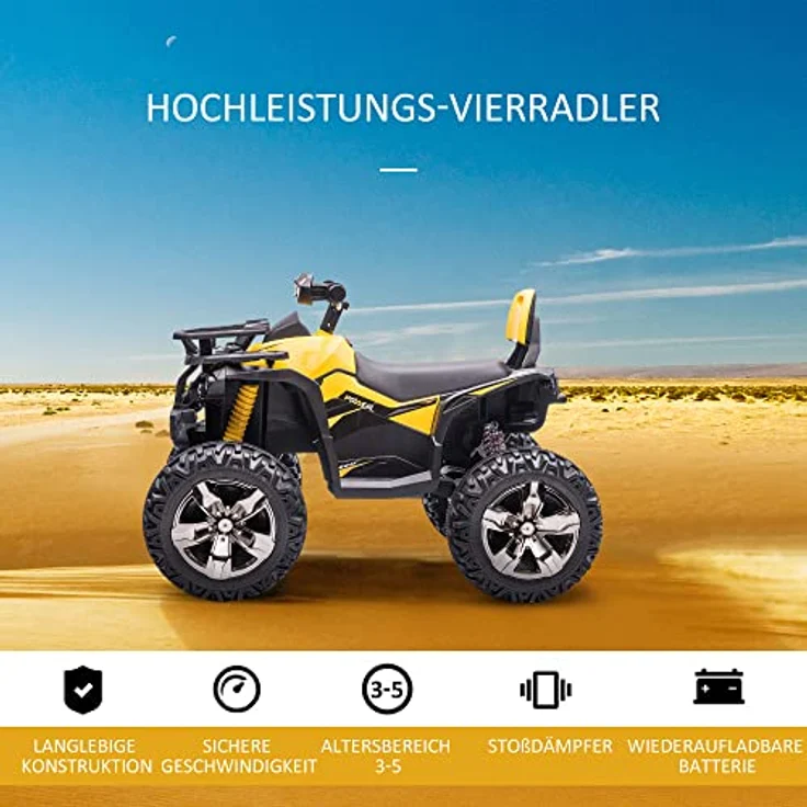 HOMCOM Elektro Quad für Kinder, 12V mit Vorwärts-, Rückwärtsfunktion, USB-Anschluss, MP3-Musikplayer, Gelb – Bild 3