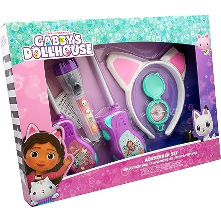 Joytoy Gabby's Dollhouse Adventureset, 5-teiliges Spielfigurenset mit Walkie Talkies, Katzenohren, Kompass und Taschenlampe, Geschenkverpackung 39x5,5x29 cm