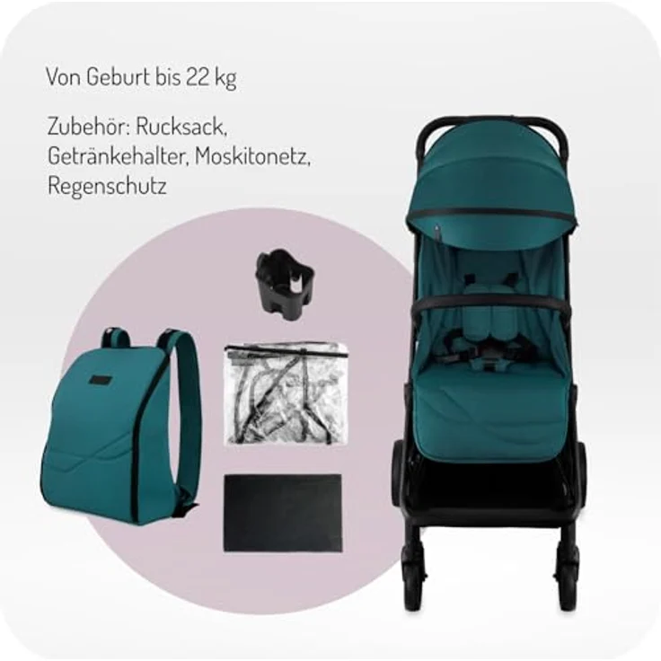 MoMi Kinderwagen ANDREA, kompakter Buggy mit automatischem Faltsystem, bis 22 kg, 5-Punkt-Sicherheitsgurt, Getränkehalter, Einkaufskorb, Tasche, Insekten- und Regenschutz, Zwillingsfunktion – Bild 2