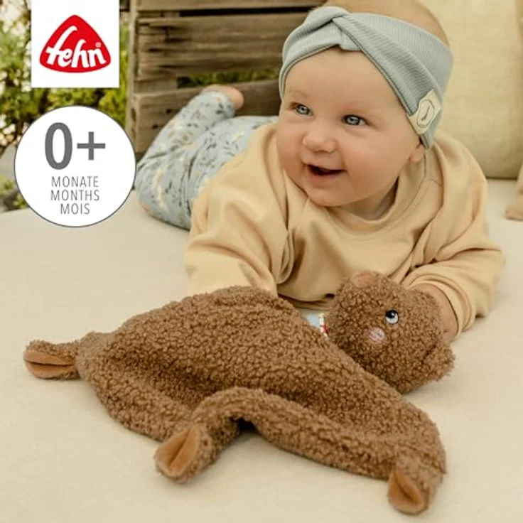 Fehn Schmusetuch Bär, kuscheliges Schnuffeltuch für Babys mit verschiedenen Stoffen zur Förderung von Tast- und Greifsinn – Bild 3