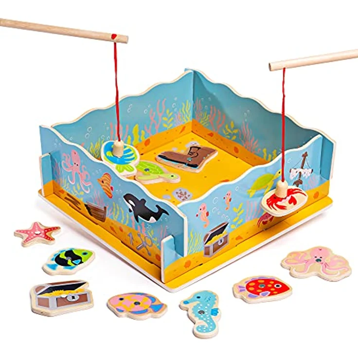 Bigjigs Toys Magnetischer Fischfänger, Holzspielzeug mit 10 Seefiguren und 2 Angelruten – Bild 2