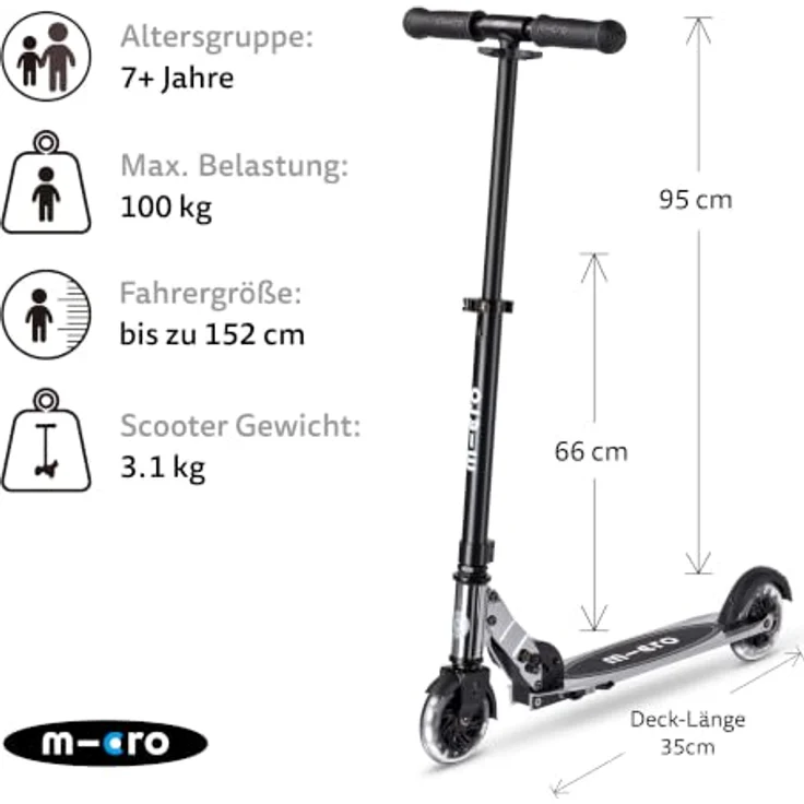 Micro Scooter Micro Sprite LED Silverchrome, klappbarer Kinderroller mit höhenverstellbarem Lenker und LED Rädern, für Jugendliche und Erwachsene – Bild 2