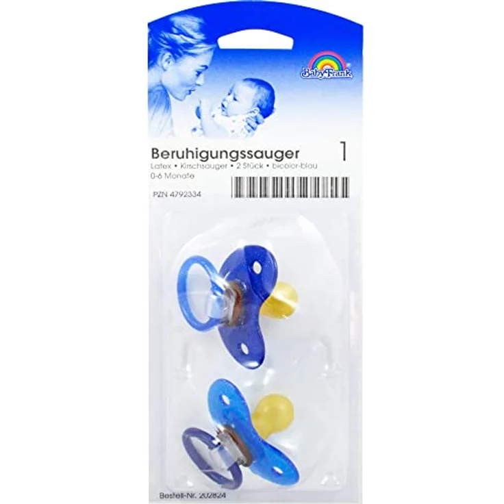 Baby-Frank Beruhigungssauger Kirsche, 2er Pack für 0-6 Monate, blau, fördert Kiefer- und Gaumenentwicklung – Bild 2