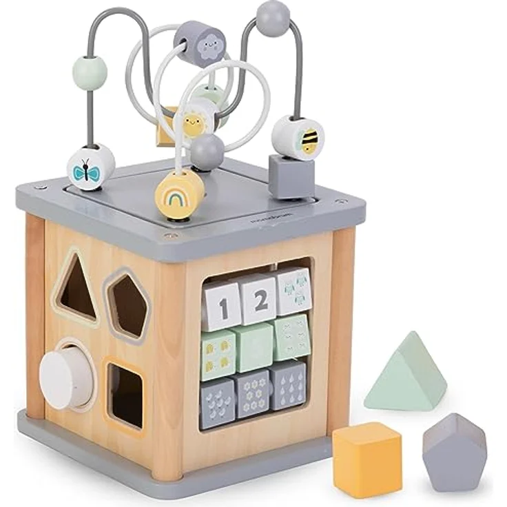 mamabrum Motorikwürfel, Pädagogisches Holz-Spielzeug für Kinder ab 18 Monaten, mit Formen, Farben & Zahnrädern, 5 Spielflächen zur Förderung der Feinmotorik und Hand-Augen-Koordination, 15 x 15 x 15 cm – Bild 1