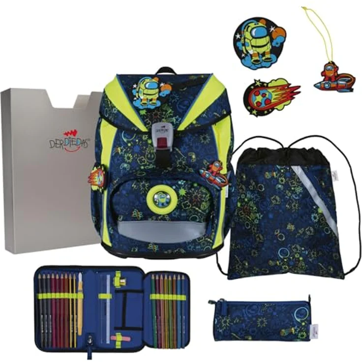 DerDieDas Schulranzen Set 5-TLG. ErgoFlex Light Neon Crazy, leichtes Eigengewicht von 800g, ergonomisch mit abnehmbaren Hüftgurten – Bild 1