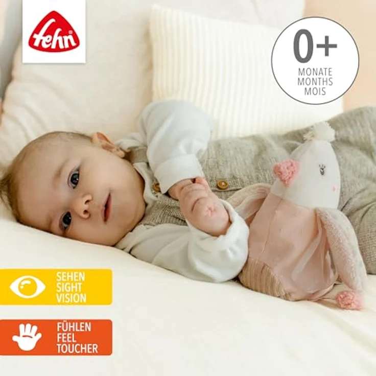 Fehn Wärmetier Vogel – Kuscheltier mit entnehmbarem Wärme- / Kältesäckchen für Babys ab der Geburt, mit "Glow-in-the-dark" Elementen, 23cm, Plüsch/Bouclette, Musselin, Cord, Velours, waschbar bei 30°C – Bild 2