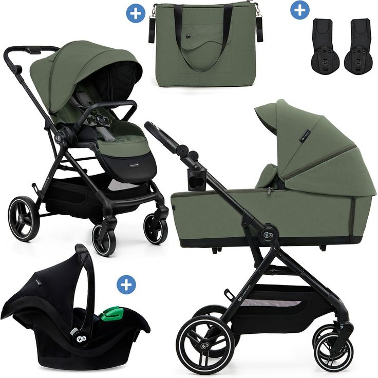 Kinderkraft 3in1 Kombi-Kinderwagen-Set YOXI, bis 22 kg, mit Babywanne, Sportsitz, Babyschale, Knickschieber, Getränkehalter und Wickeltasche - Mystic Green, inkl. Gratis Mobilitätsgarantie