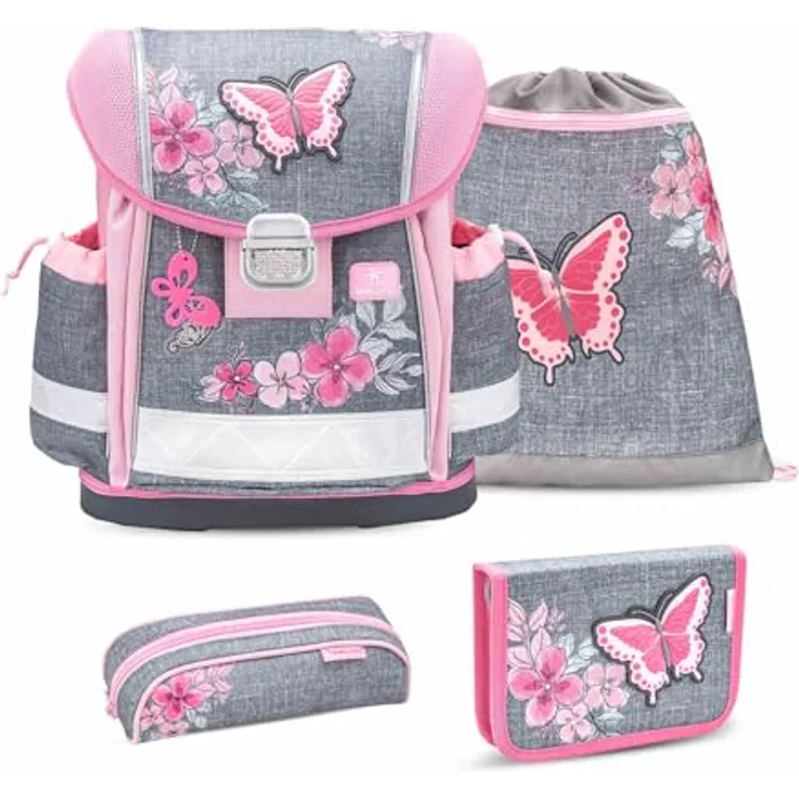 Belmil Classy Schulranzen Set 4 - teilig (403-13/AG/S) (Elegant 2025), Leichter Schulranzen aus wasserdichtem Polyester, ergonomisch und in elegantem Design, blau