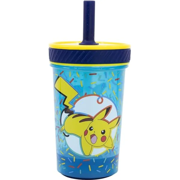Stor Pokemon Kunststoffbecher mit Silikon-Trinkhalm, 370 ml, sturzsicher, kippsicher, auslaufsicher, BPA-frei für Kinder
