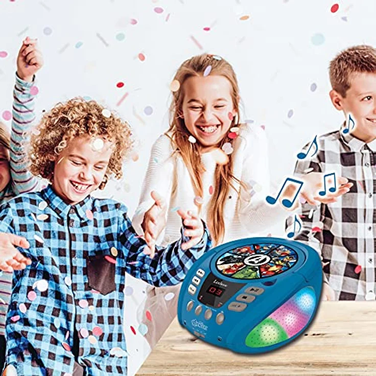 Lexibook RCD109AV Marvel Avengers-Bluetooth-CD-Player für Kinder-Tragbar, Lichteffekte, Mikrofonbuchse, Aux-In, Akku oder Netz, Mädchen, Jungen, Blau/Grau – Bild 7