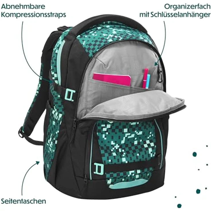 coocazoo MATE Schulrucksack, Pixel Blox, Ergonomischer Rucksack mit Easy-Grow-System, 30 l, schwarz/grün – Bild 8