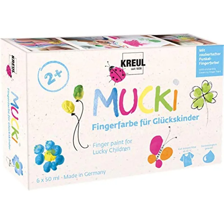KREUL MUCKI Glückskinder Fingerfarben, 6 Farben sortiert (50 ml), wasserbasierte Malfarben für Kinder, vegan, dermatologisch getestet