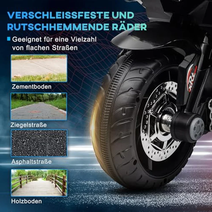 HOMCOM Elektro Kindermotorrad, Elektromotorrad mit Musik und Scheinwerfer, 3 km/h, für Kinder 3-5 Jahre, max. 25 kg, Blau+Weiß – Bild 5