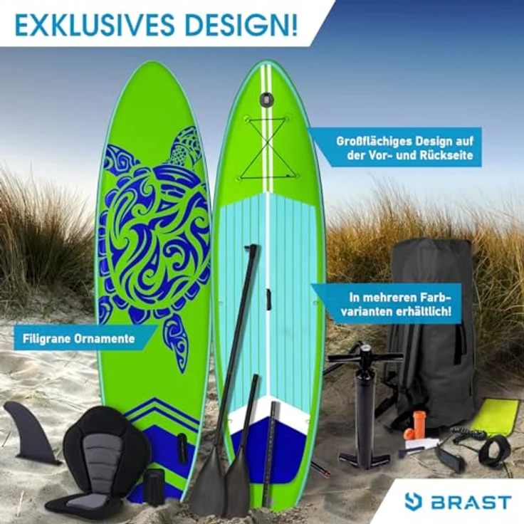 BRAST SUP Board SUPER Set Aufblasbares Stand up Paddle mit extra Zubehör 320x81x15cm Grün incl. Kajaksitz Kamerahalterung Paddel Fußschleife Rucksack Pumpe - Preisvergleich – Bild 3