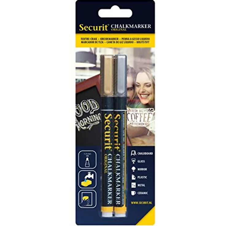 Securit BL-SMA100-V4-COL Kreidemarker (mit Rundspitze ca. 1 - 2 mm) 2er Set gold und silber, 22.5 x 8 x 1.2 cm