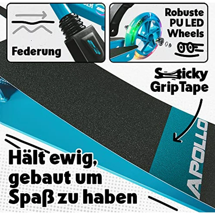 Apollo Skyracer City Roller mit LED Leuchträdern | Roller Kinder 6 Jahre | City Scooter mit Federung | Tretroller für Kinder und Teens | klappbar und höhenverstellbar, blau – Bild 4