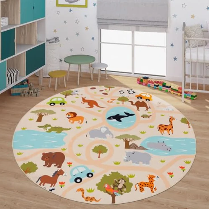 TT Home Kinderteppich, rutschfest für Babyzimmer und Kinderzimmer, Tiere und Weltkarte, grün gelb creme, 200 cm rund – Bild 1