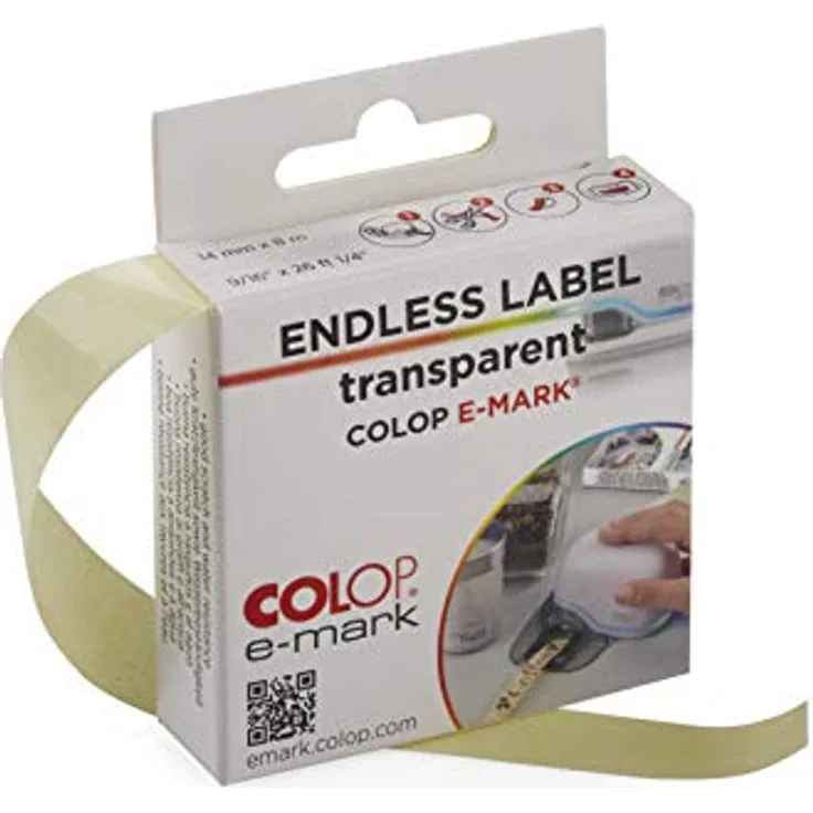 COLOP e-mark Endlosetiketten transparent, 14 mm x 8 m Rolle, spritzwasser- und kratzfest. Zubehör für COLOP e-mark, e-mark create und e-mark go.