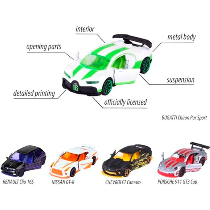 majORETTE Spielzeug-Auto Limited Edition 10, Geschenkset mit 5 Metall-Modellautos (Renault Clio schwarz, Porsche 911 GT3 Cup grau, Nissan GT-R weiß, Bugatti Chiron Pur Sport weiß, Chevrolet Camaro schwarz), je 7,5 cm, für Kinder ab 3 Jahren – Bild 4