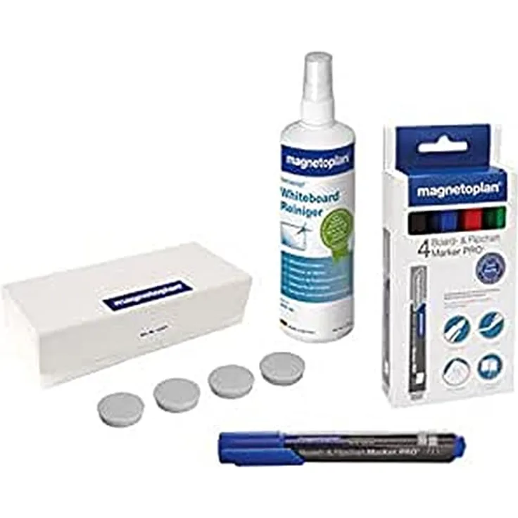Magnetoplan Magnetic Whiteboard Accessory Kit Mini - 4 x Whiteboard Marker Pens, Whiteboard Cleaner Spray & 4 x Magnetic, Teacher Essentials, Home Office Accessories, School Supplies
