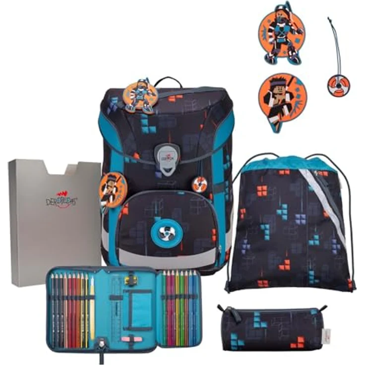 DerDieDas ErgoFlex Easy Schulranzenset 5-teilig Ninja Fighter, ergonomisch gepolstert, atmungsaktive Gurte, 27 x 40 x 18 cm, blau – Bild 1