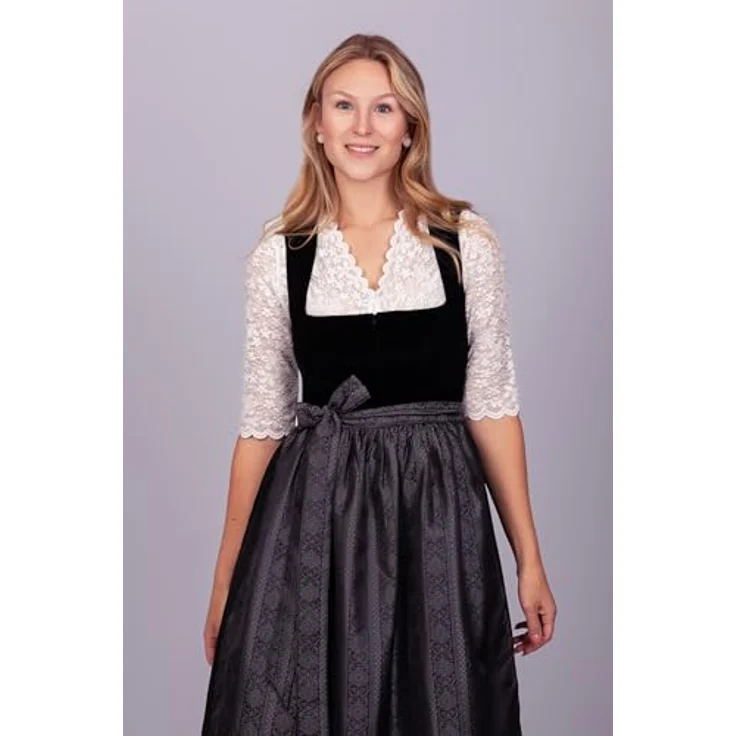 Edelnice Dirndl Midi Evi Samt Schwarz, exquisites Trachtenkleid mit edlem Samtmieder, dunklem Jacquardstoff und schimmernder Schürze – Bild 5