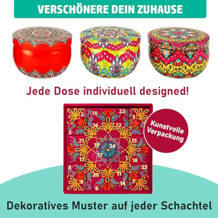BRAST Adventskalender mit 24 Mini Duftkerzen, 12 Duftnoten wie Vanille-Coco und Sandelholz, dekorative wiederverwendbare Metalldosen, Brenndauer bis zu 8 Stunden – Bild 4