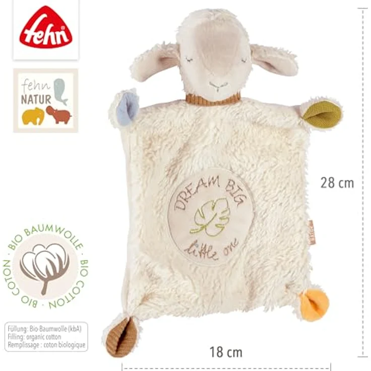 Fehn Schmusetuch Schaf Dream Big – Kuschelspielzeug mit individueller Bestickung, 2 in 1 Schnuffeltuch für Babys & Kleinkinder, kbA Baumwolle, grau – Bild 4