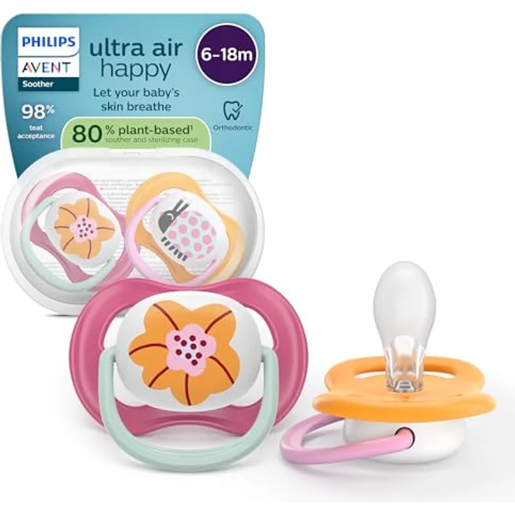 Philips Avent ultra air Schnuller, kiefergerecht mit weichem Silikonsauger, 2er-Pack für Babys 6–18 Monate, BPA-frei, inkl. Sterilisationsbehälter SCF080/27 – Bild 1