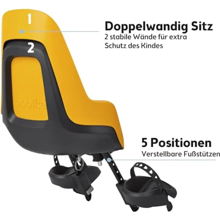 Bobike ONE MINI Vordersitz für Fahrräder (26"-29"), max. 15 kg, Steuerrohrbefestigung, Mighty Senf, mit Sicherheitsgurten und winddichter Schutzscheibe – Bild 5
