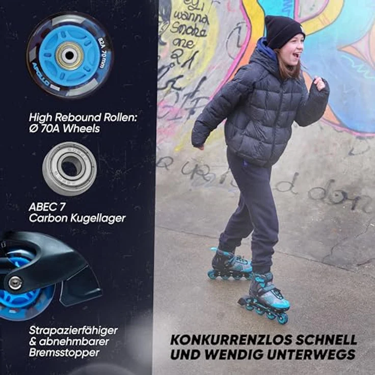 Apollo Champion, größenverstellbare Inliner für Jungs und Mädchen ab Größe 31, für Damen und Herren bis Größe 42, hochwertige Inline Skates für Kinder und Erwachsene mit LED Rollen, in Pink, Mint, Blau, Grün oder Schwarz – Bild 5