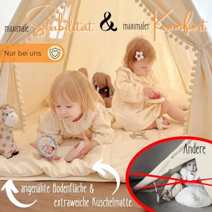 LIONHERZ® DAS ORIGINAL Tipi Zelt für Kinder, 100% Baumwolle, stabil mit Matte, Federdeko, Tragetasche, cremeweiß – Bild 4