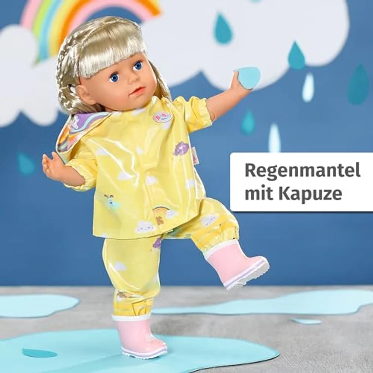 Baby Born Puppenkleidung Deluxe Regen-Outfit 43 cm, Gelb/Rosa, mit Regenmantel, Regenhose und Gumistiefeln – Bild 2